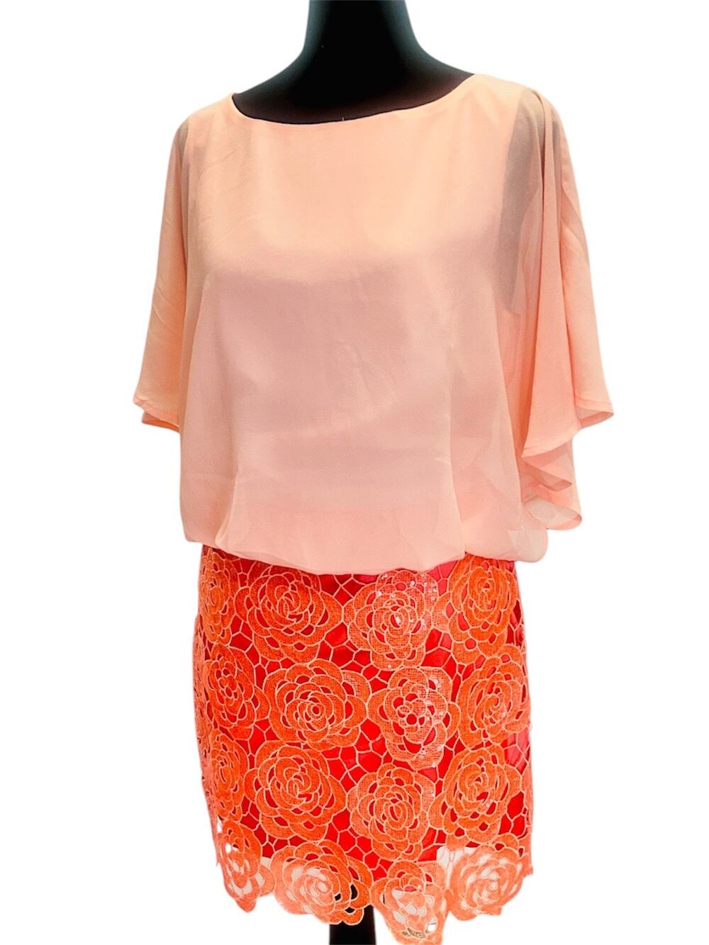 Ark & Co Peach Coral Lace Overlay Cocktail Dress Size M Sheer Cape Sleeve
